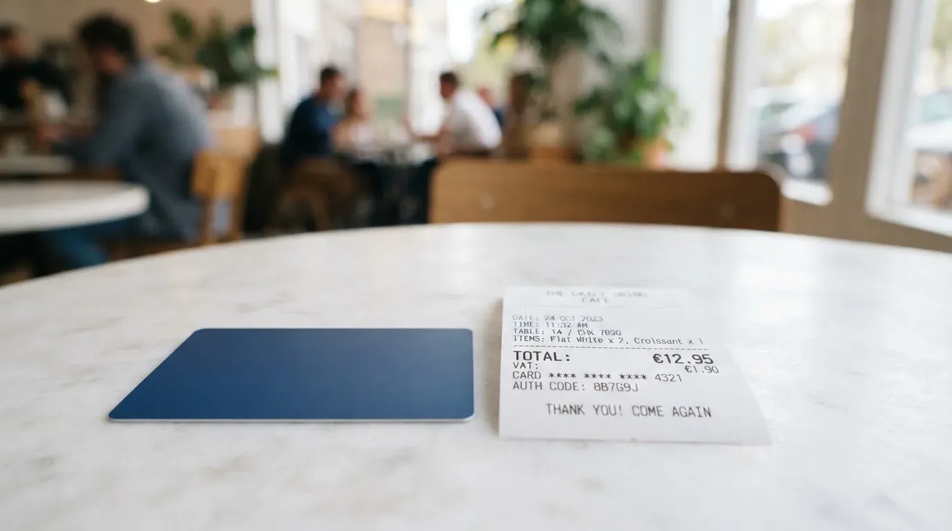A receipt and a card on a café table