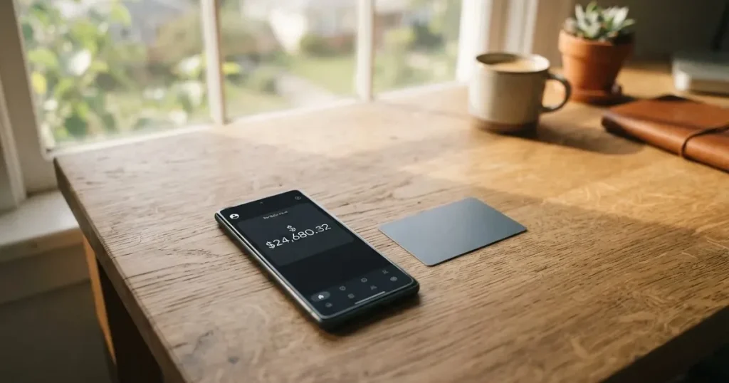 A payment card next to a phone with a crypto wallet app open