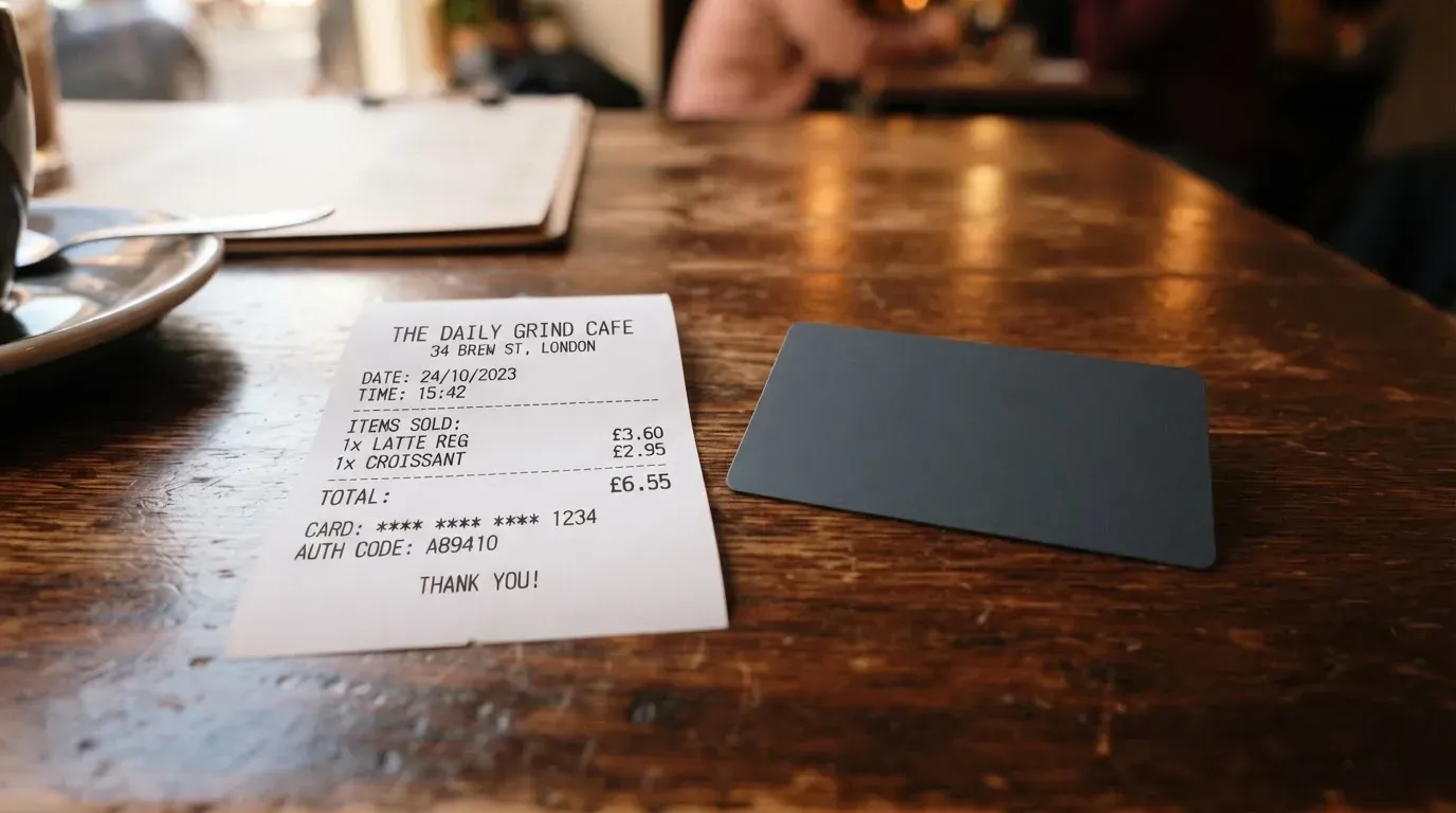 A receipt and a card on a café table