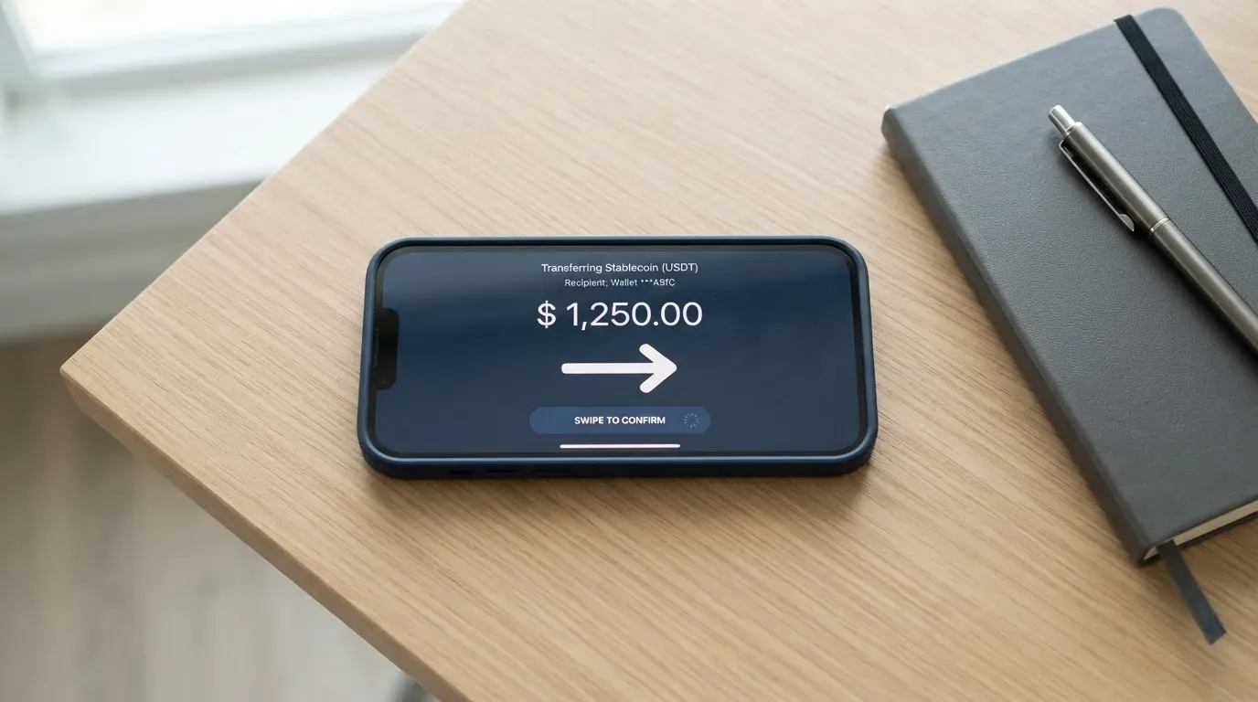 A phone showing a stablecoin transfer screen