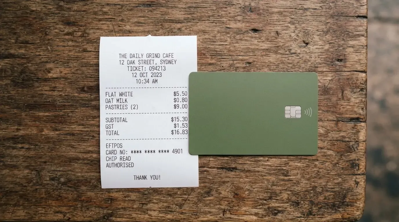 A receipt and a card on a café table