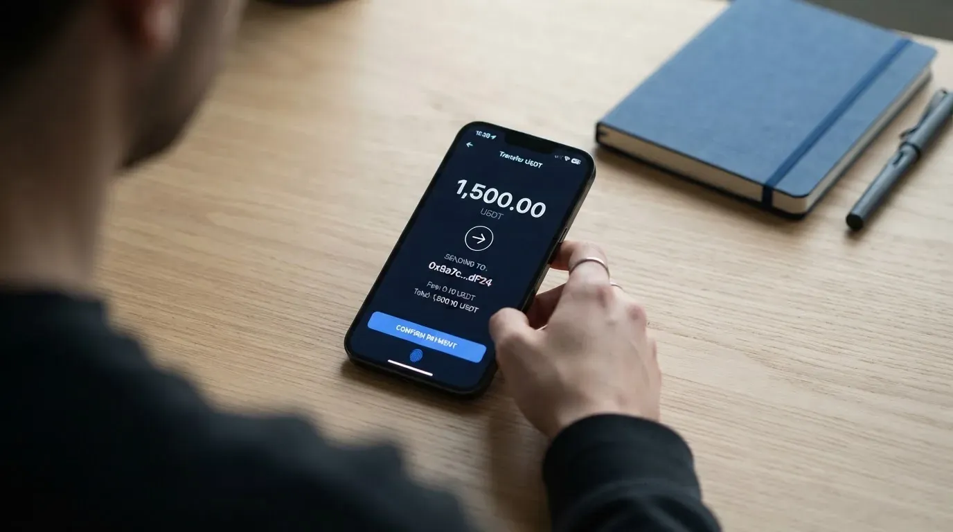 A phone showing a stablecoin transfer screen