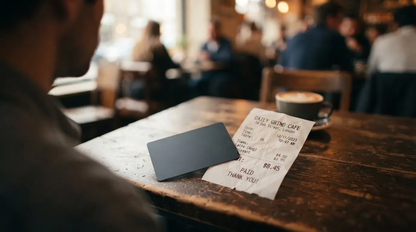 A receipt and a card on a café table