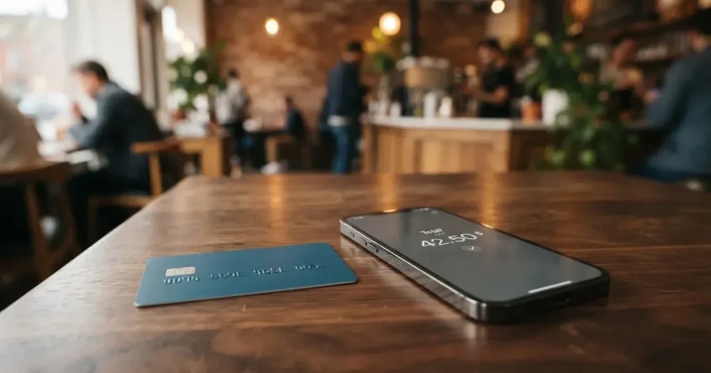 A payment card next to a phone with a crypto wallet app open