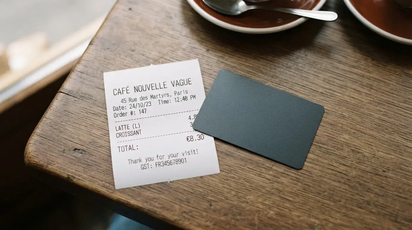 A receipt and a card on a café table