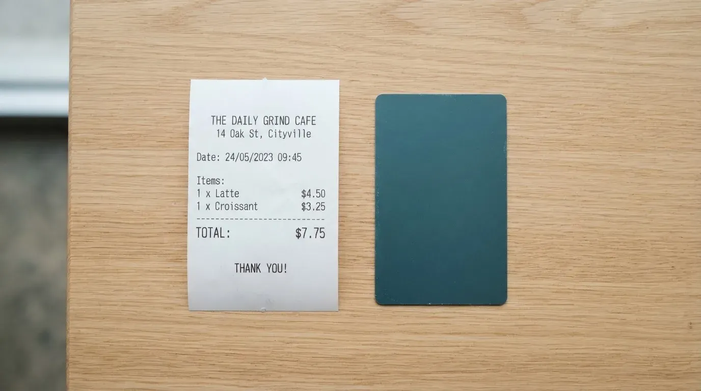 A receipt and a card on a café table