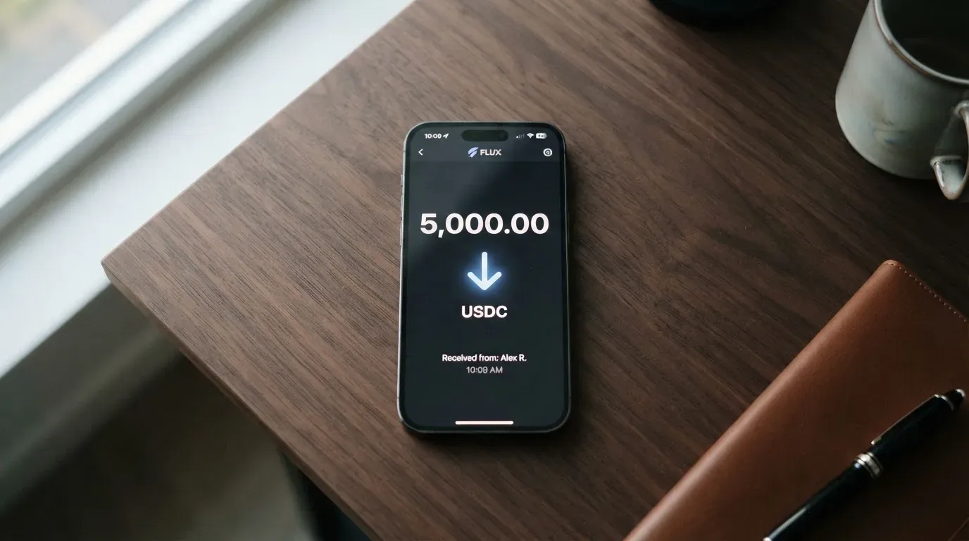 A phone showing a stablecoin transfer screen