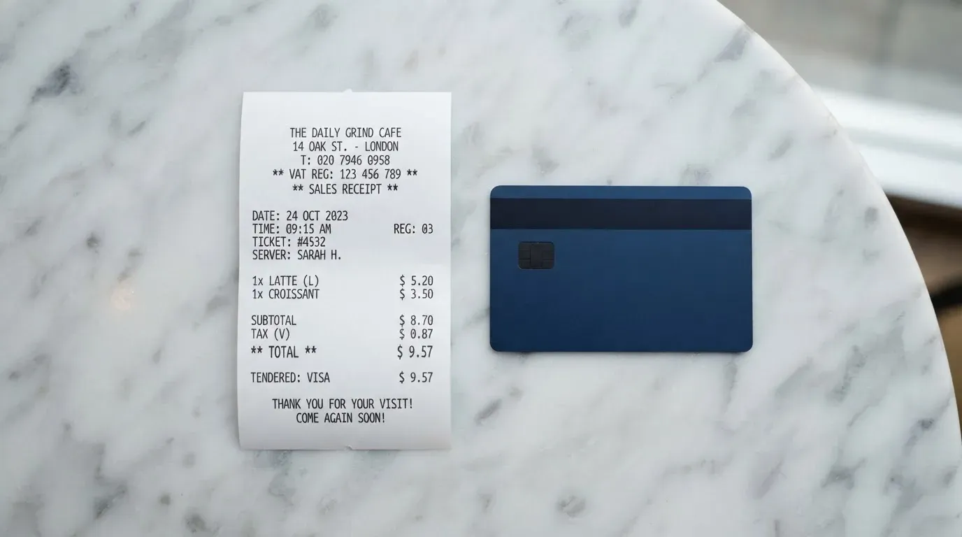 A receipt and a card on a café table