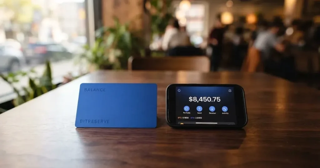 A payment card next to a phone with a crypto wallet app open