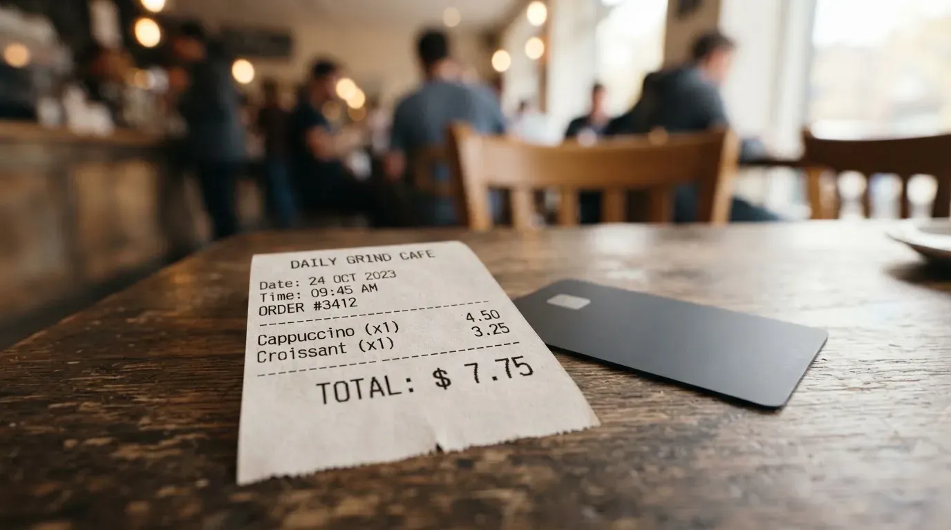 A receipt and a card on a café table