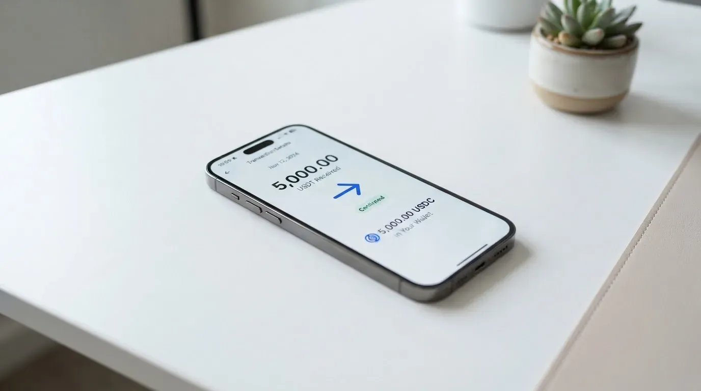 A phone showing a stablecoin transfer screen