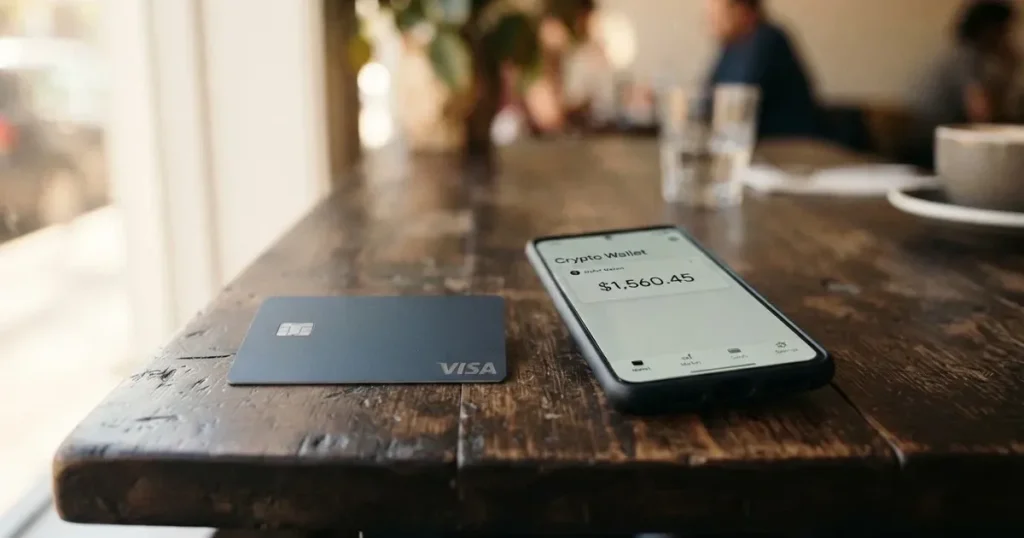 A payment card next to a phone with a crypto wallet app open