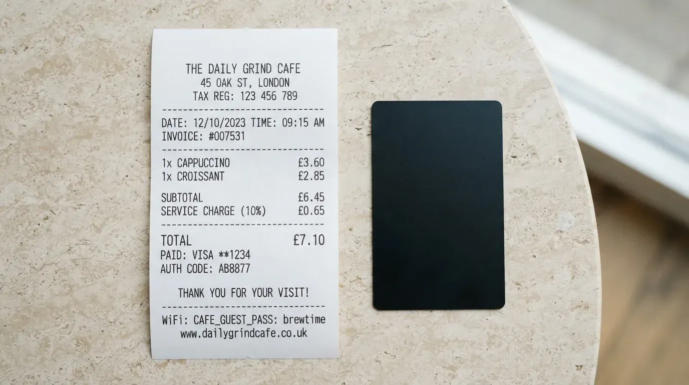 A receipt and a card on a café table