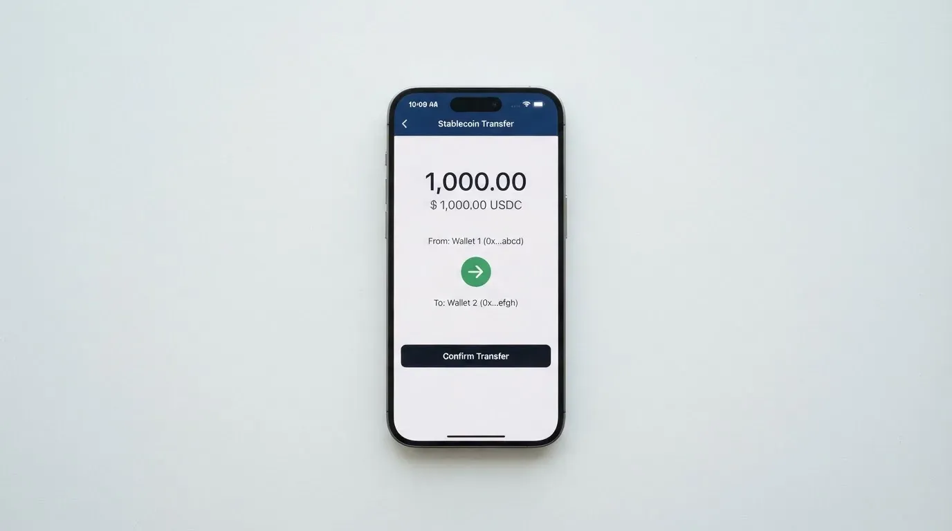 A phone showing a stablecoin transfer screen