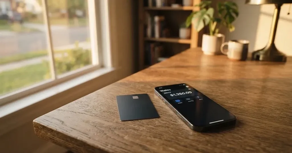 A payment card next to a phone with a crypto wallet app open