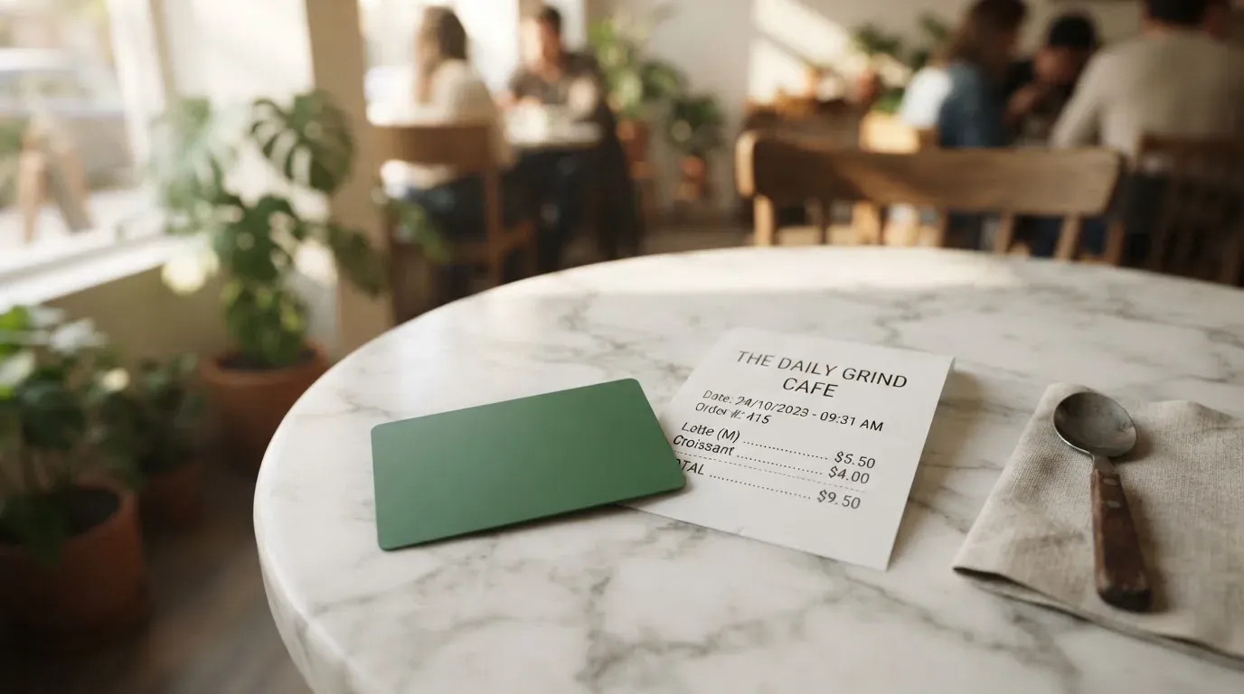 A receipt and a card on a café table