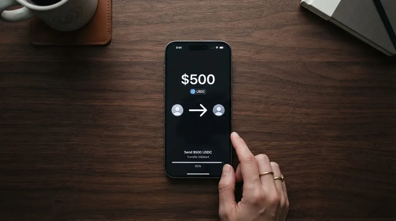 A phone showing a stablecoin transfer screen