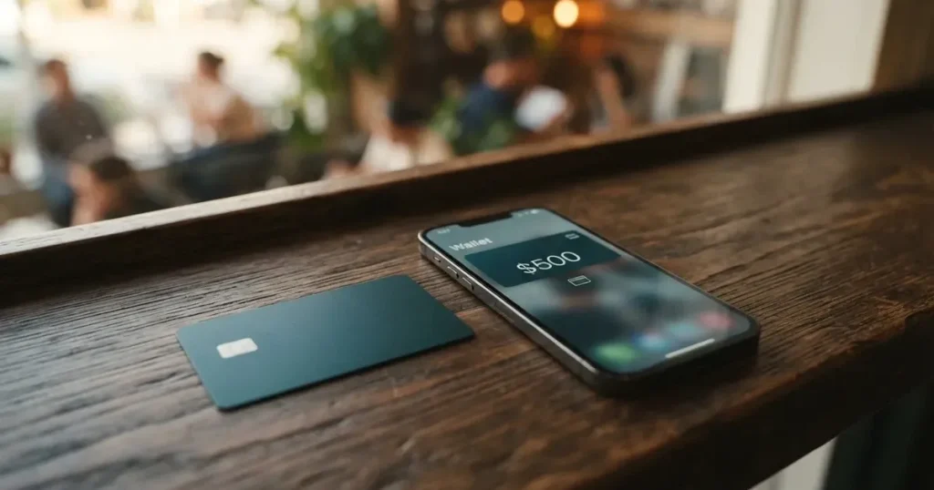 A payment card next to a phone with a crypto wallet app open