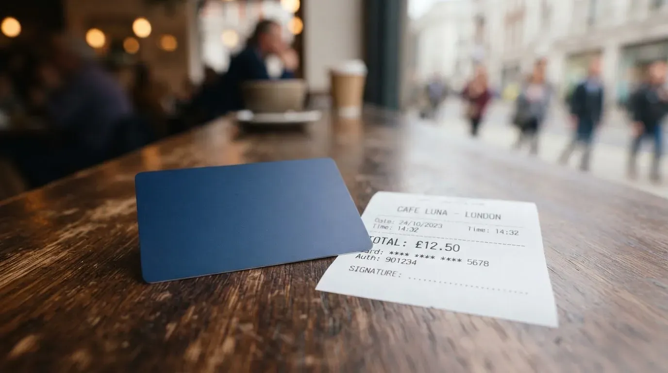 A receipt and a card on a café table