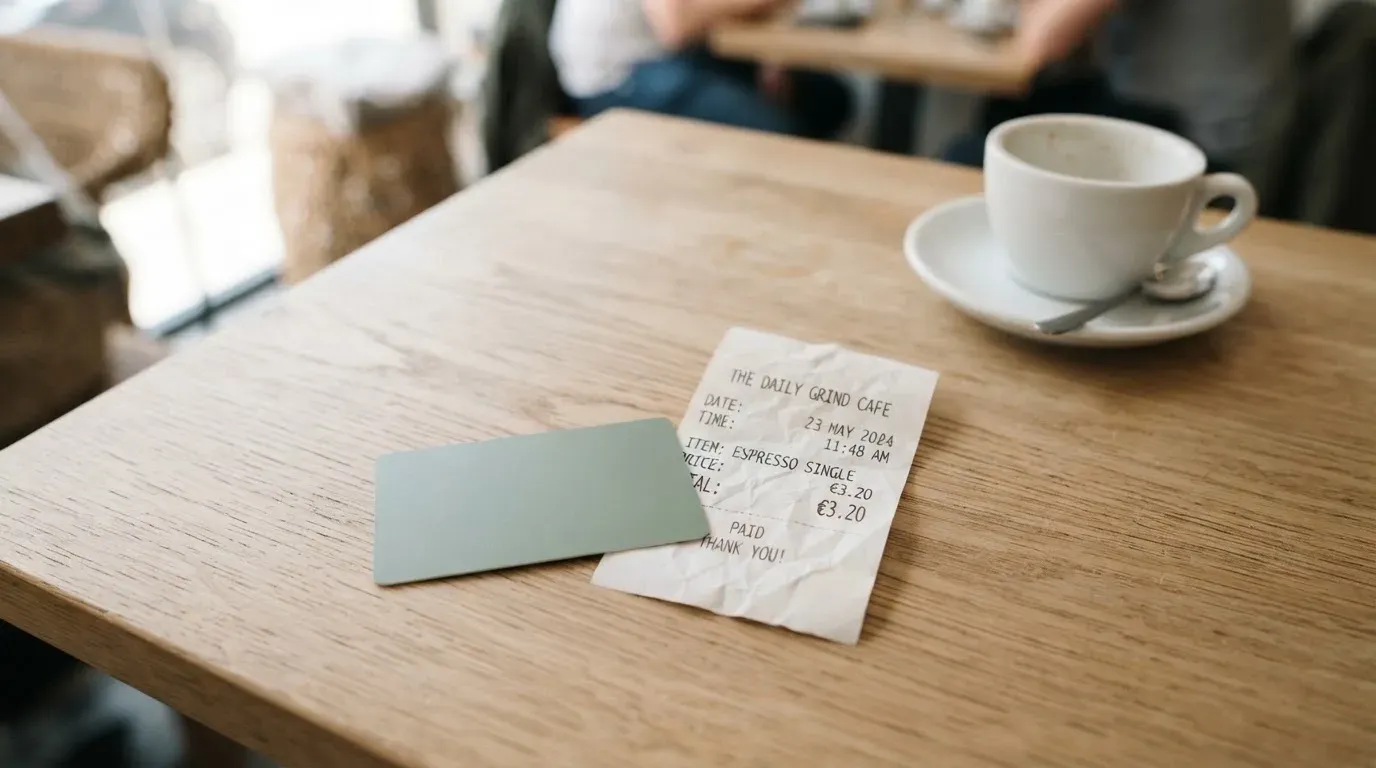A receipt and a card on a café table