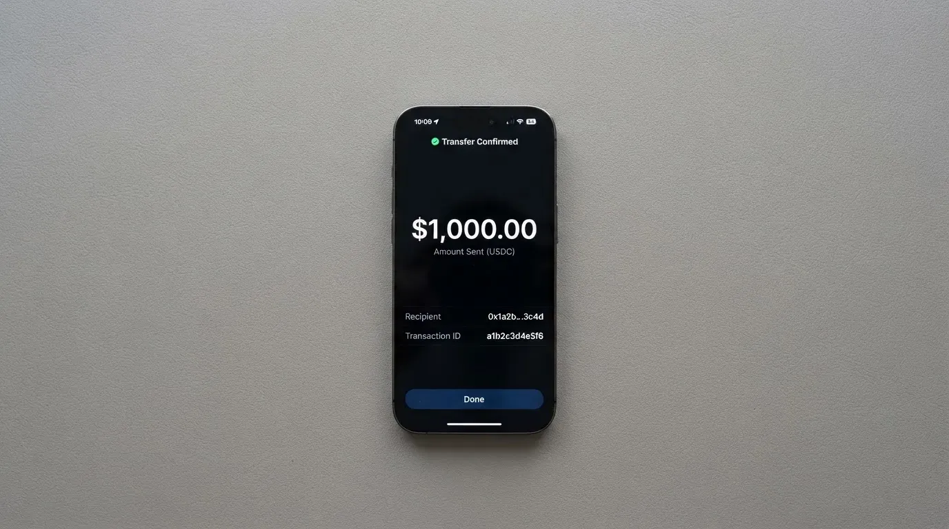 A phone showing a stablecoin transfer screen