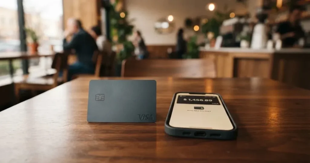 A payment card next to a phone with a crypto wallet app open