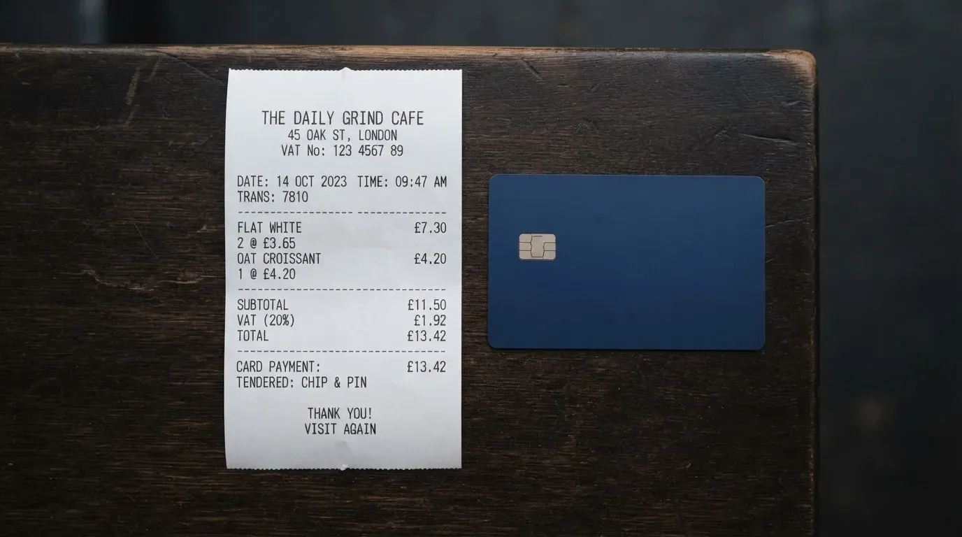 A receipt and a card on a café table