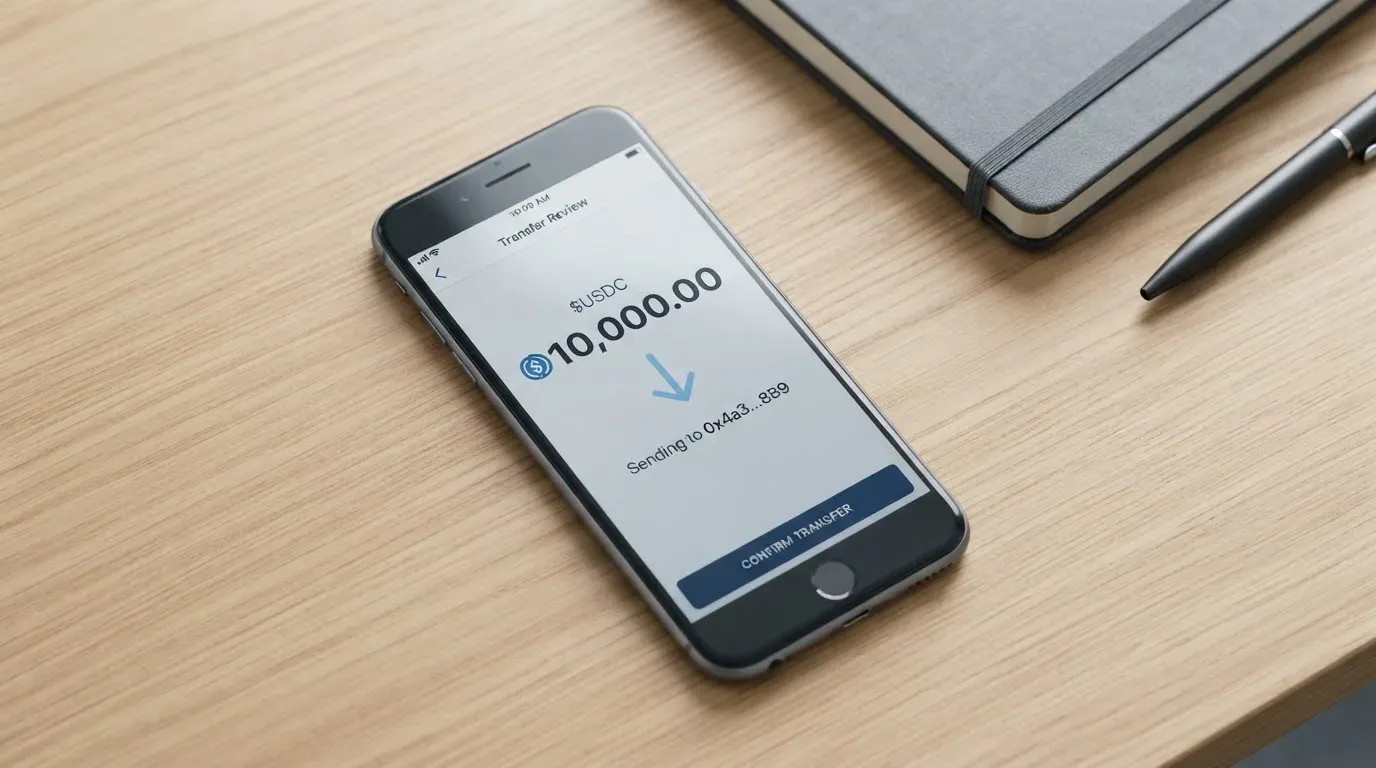 A phone showing a stablecoin transfer screen