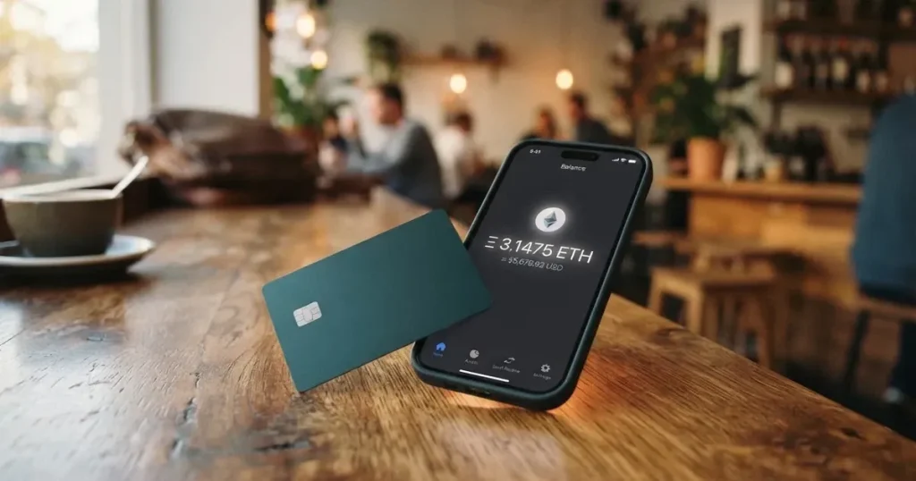 A payment card next to a phone with a crypto wallet app open