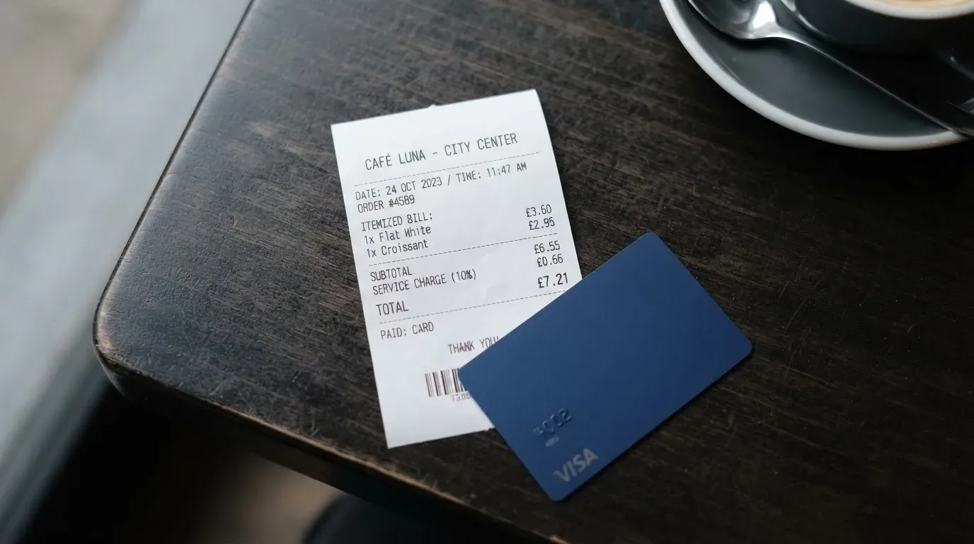 A receipt and a card on a café table