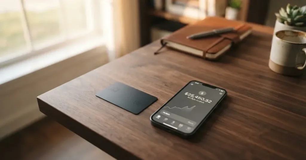 A payment card next to a phone with a crypto wallet app open