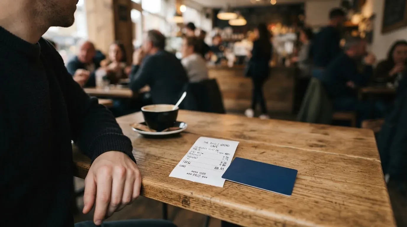 A receipt and a card on a café table