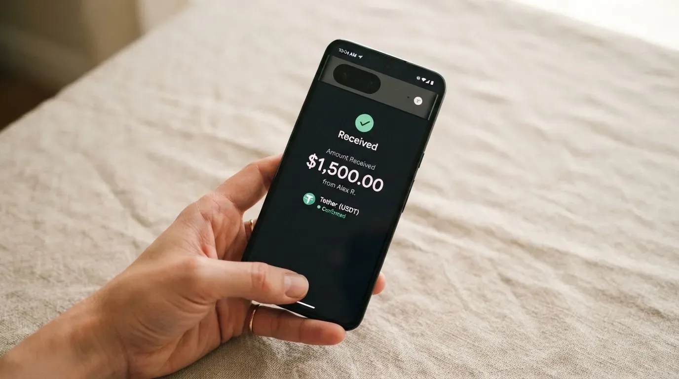 A phone showing a stablecoin transfer screen