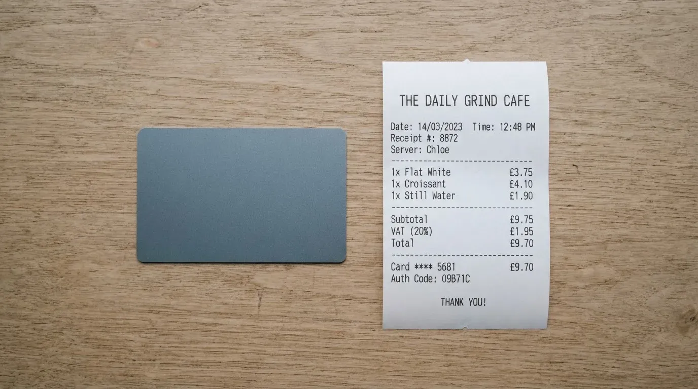 A receipt and a card on a café table
