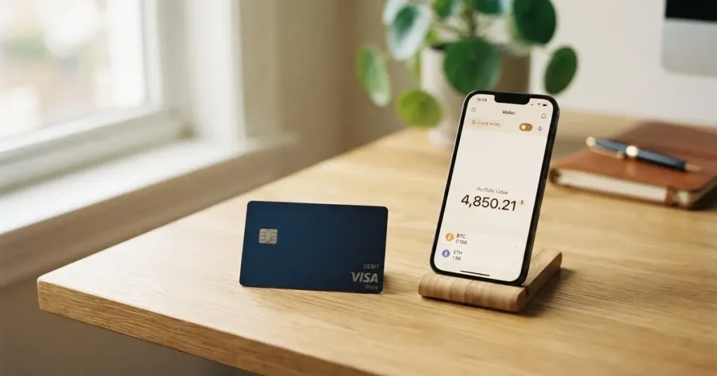 A payment card next to a phone with a crypto wallet app open