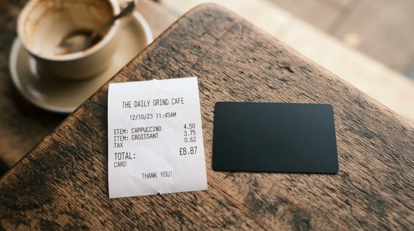 A receipt and a card on a café table