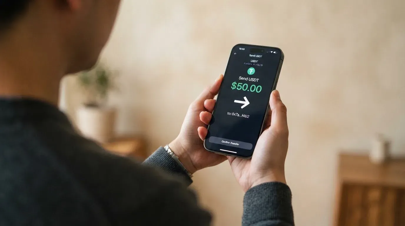 A phone showing a stablecoin transfer screen