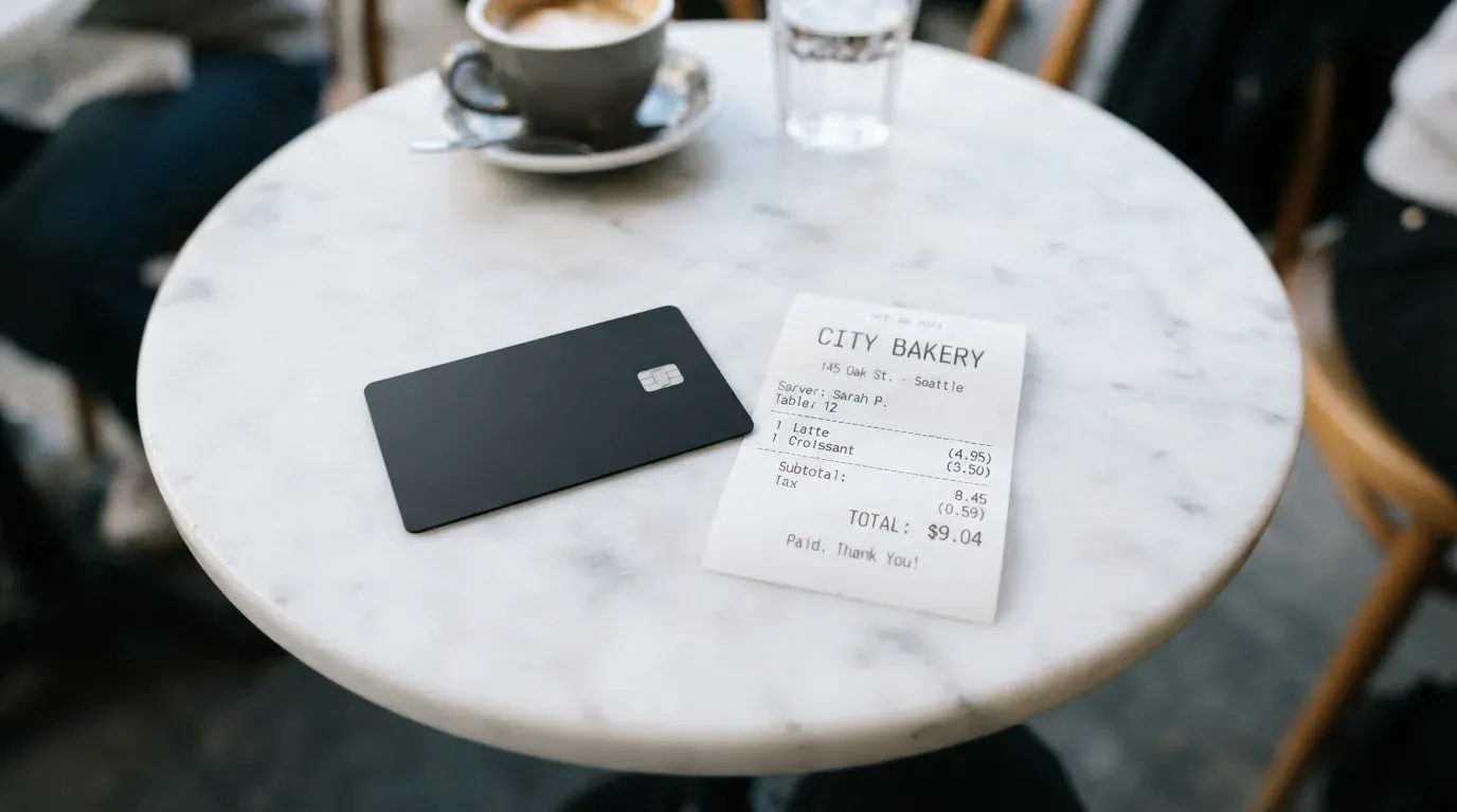 A receipt and a card on a café table