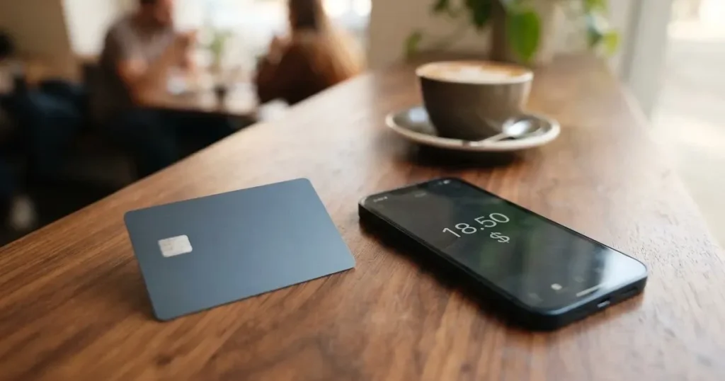 A payment card next to a phone with a crypto wallet app open