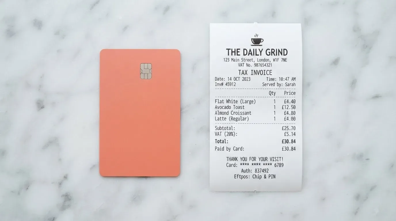 A receipt and a card on a café table