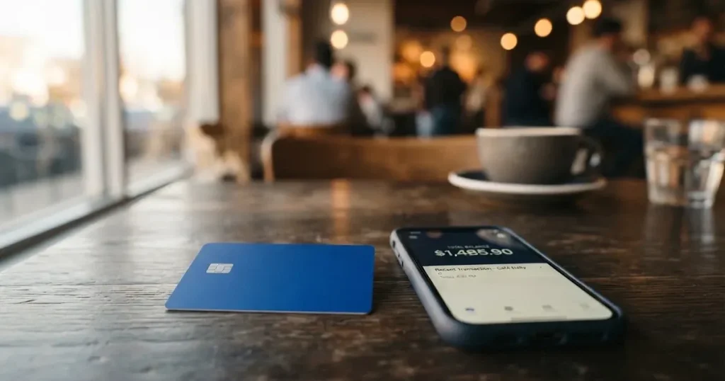 A payment card next to a phone with a crypto wallet app open