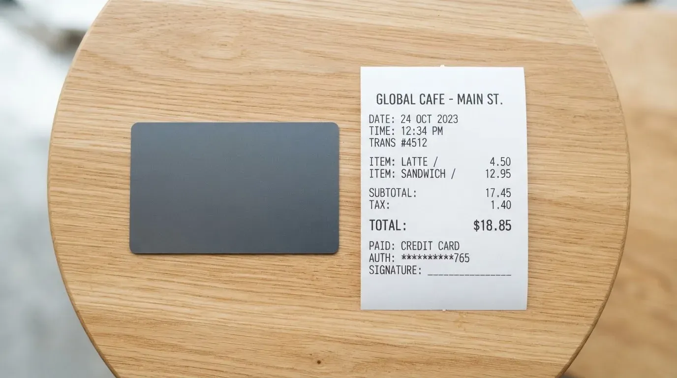 A receipt and a card on a café table
