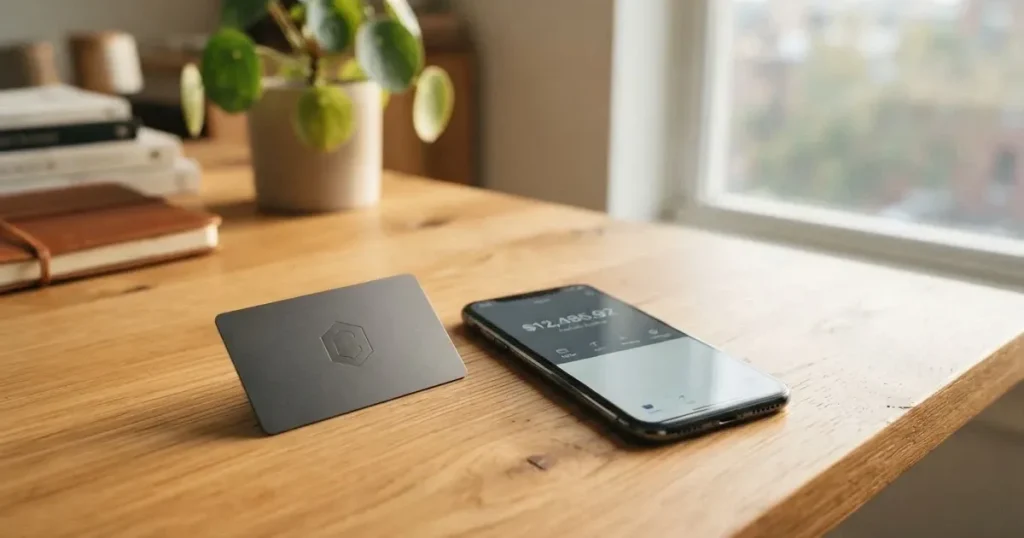 A payment card next to a phone with a crypto wallet app open