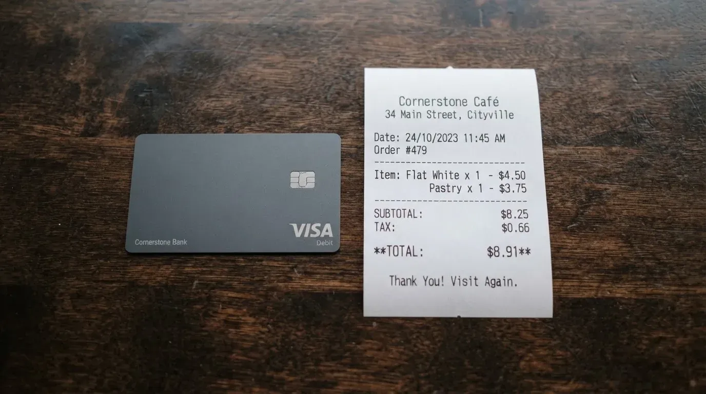 A receipt and a card on a café table