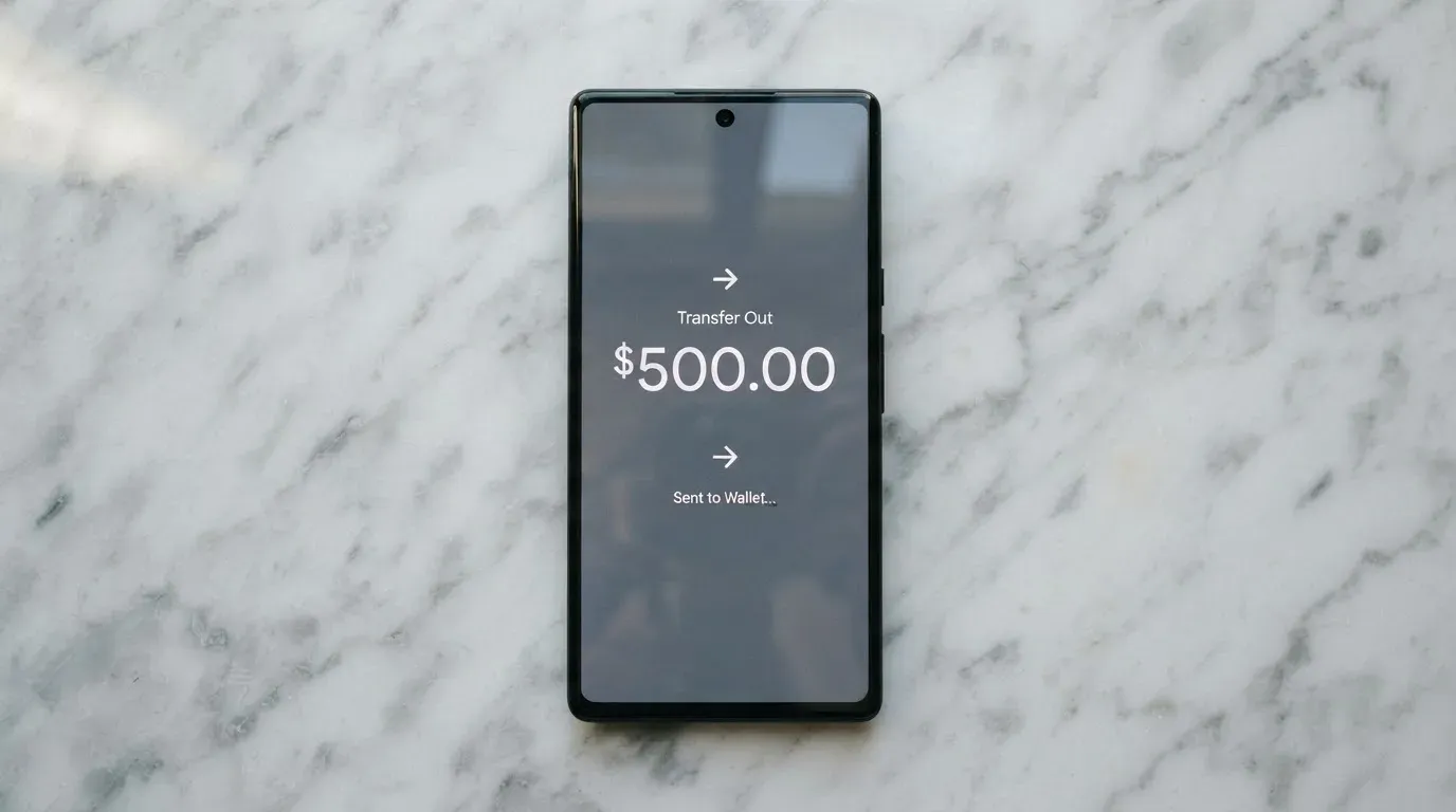 A phone showing a stablecoin transfer screen