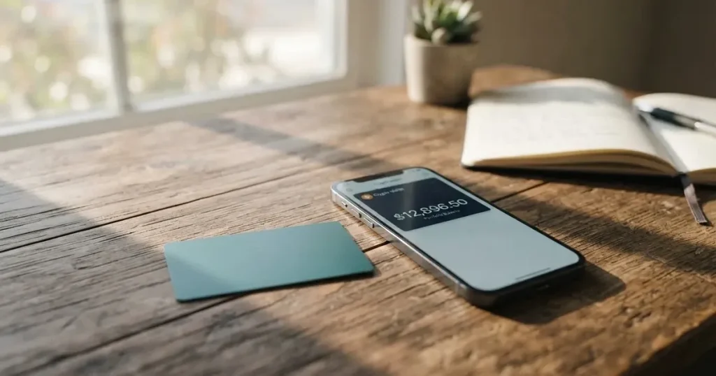 A payment card next to a phone with a crypto wallet app open
