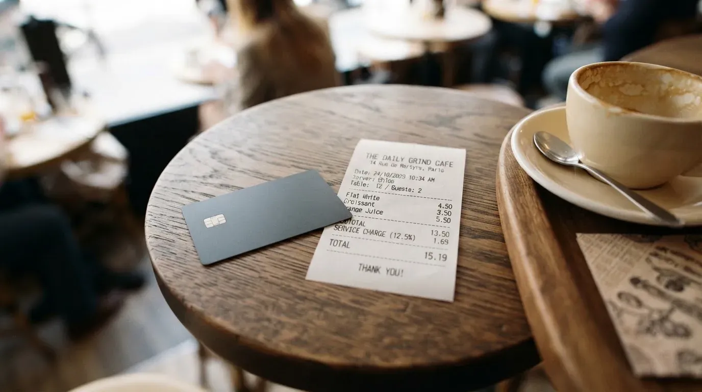 A receipt and a card on a café table