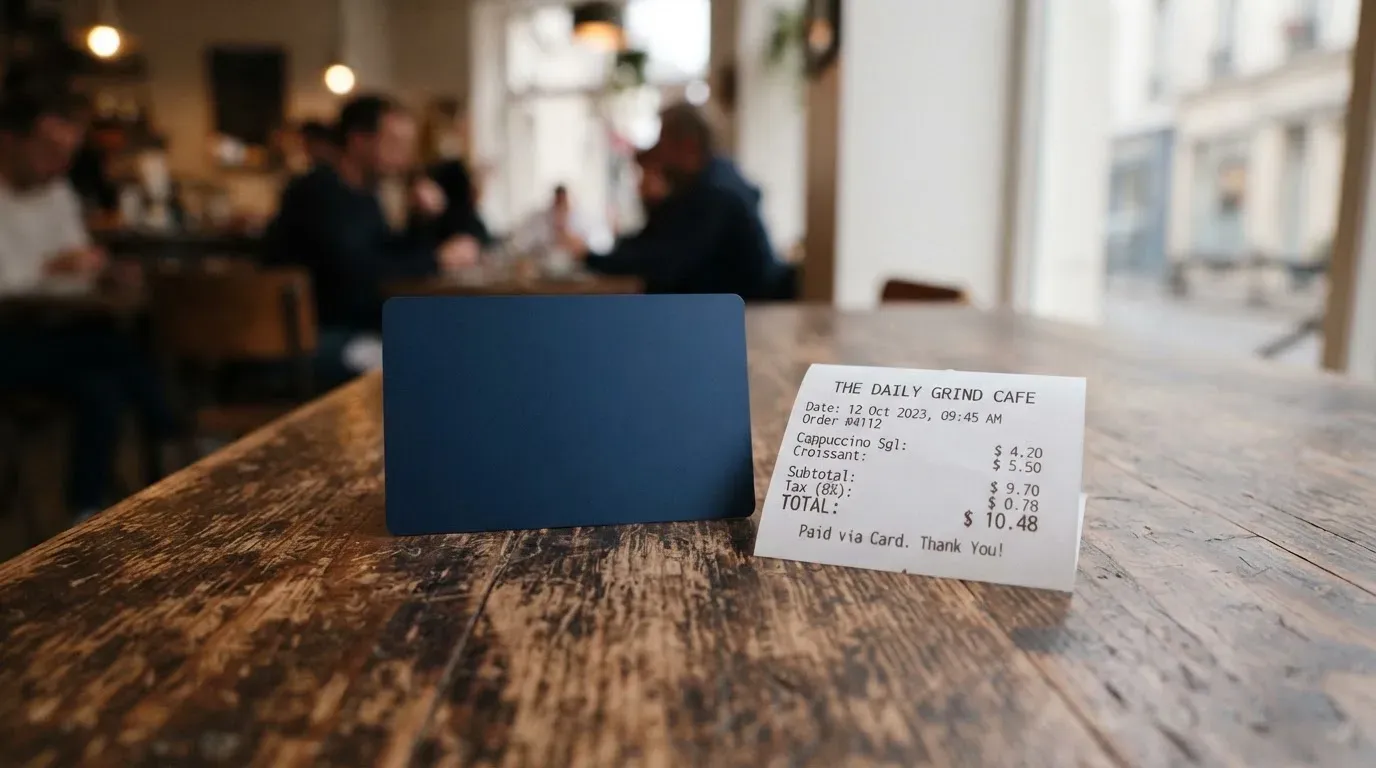 A receipt and a card on a café table