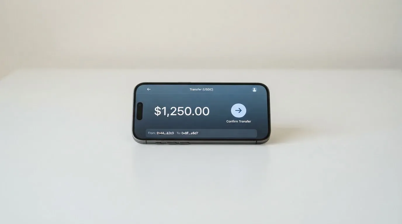 A phone showing a stablecoin transfer screen