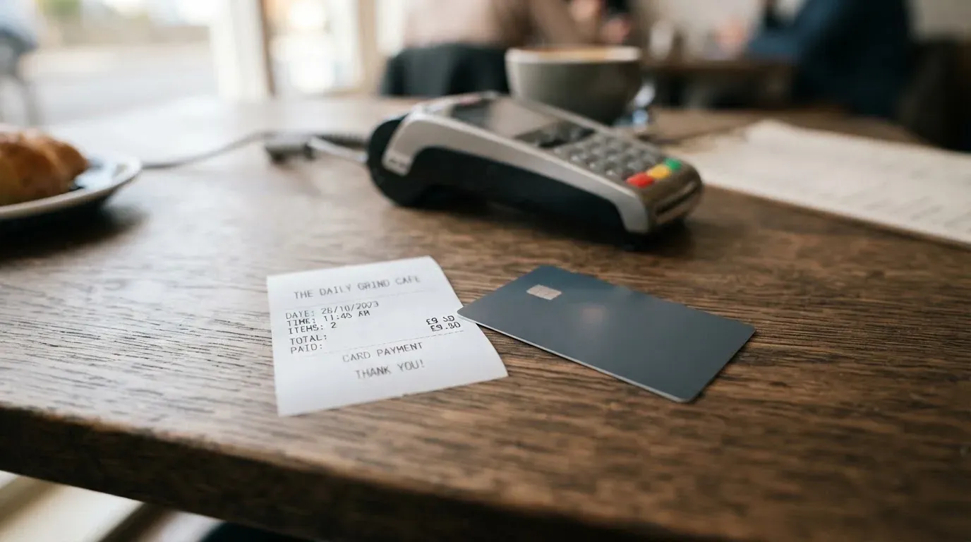A receipt and a card on a café table